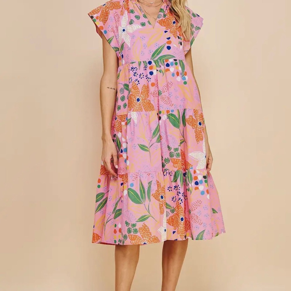 Pinch Green and Pink Pleated Sundress with Flutter Sleeves